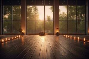 esvaziar zen quarto ou ioga estúdio com natureza Visão a partir de janela e queimando velas em chão. generativo ai foto
