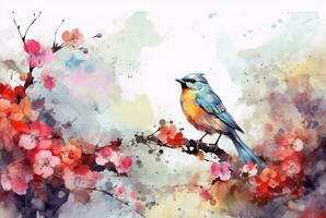 lindo flores e pássaros com aquarelas. generativo ai foto