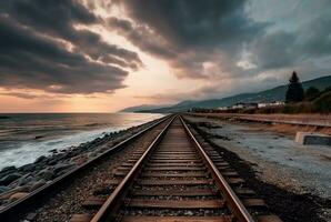 Visão do Ferrovia faixas com de praia. generativo ai foto