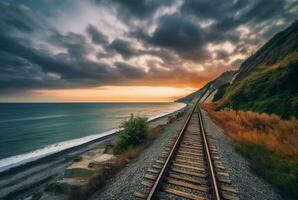 Visão do Ferrovia faixas com de praia. generativo ai foto