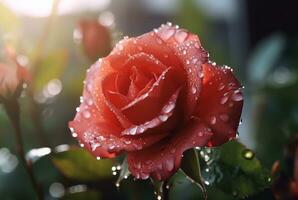 rosa flor com pingos de chuva e Sol borrado fundo. generativo ai foto