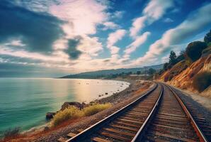 Visão do Ferrovia faixas com de praia. generativo ai foto