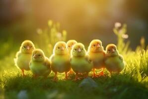 uma grupo do fofa filhotes dentro uma verde Relva jardim com borrado Sol luz fundo. generativo ai foto