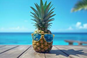verão conceito fofa abacaxi fruta com óculos em de madeira mesa com de praia fundo e Claro azul céu. generativo ai foto