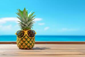 verão conceito fofa abacaxi fruta com óculos em de madeira mesa com de praia fundo e Claro azul céu. generativo ai foto
