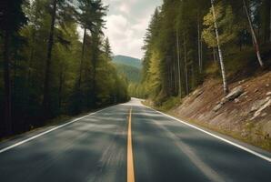 Visão do floresta estrada em uma nublado dia. generativo ai foto