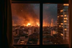 cidade incêndios visto a partir de hotel quarto janela. generativo ai foto