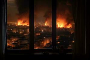 cidade incêndios visto a partir de hotel quarto janela. generativo ai foto