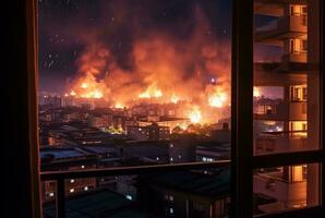 cidade incêndios visto a partir de hotel quarto janela. generativo ai foto