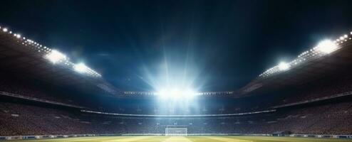 estádio dentro luzes às noite. brilhante luzes, Visão a partir de campo. generativo ai foto