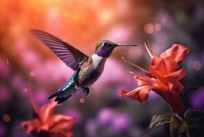 cantarolando pássaro pairando sobre colorida, pólen preenchidas flores generativo ai foto