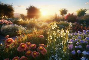 flor jardim com lindo nascer do sol dentro a manhã. generativo ai foto