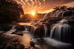 a beleza do a cascata com a nascer do sol dentro a manhã, grandes exposição. generativo ai foto