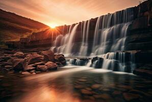 a beleza do a cascata com a nascer do sol dentro a manhã, grandes exposição. generativo ai foto