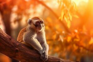 macaco em uma árvore com borrado fundo e luz solar. generativo ai foto