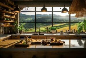 luxuoso cozinha com madeira Projeto e natural visualizar. generativo ai foto
