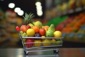 miniatura compras carrinho com rodas preenchidas com fresco frutas em de madeira mesa com borrado fundo dentro supermercado. generativo ai foto
