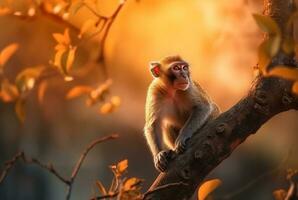 macaco em uma árvore com borrado fundo e luz solar. generativo ai foto