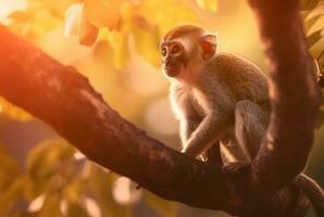 macaco em uma árvore com borrado fundo e luz solar. generativo ai foto