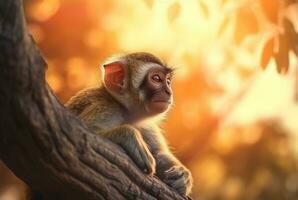 macaco em uma árvore com borrado fundo e luz solar. generativo ai foto