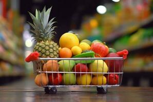 miniatura compras carrinho com rodas preenchidas com fresco frutas em de madeira mesa com borrado fundo dentro supermercado. generativo ai foto