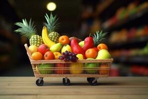 miniatura compras carrinho com rodas preenchidas com fresco frutas em de madeira mesa com borrado fundo dentro supermercado. generativo ai foto