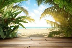 de madeira mesa com tropical folhas e borrado fundo do de praia e Sol claro. pronto para produtos mostrar. generativo ai foto