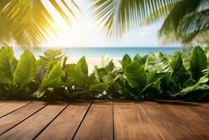 de madeira mesa com tropical folhas e borrado fundo do de praia e Sol claro. pronto para produtos mostrar. generativo ai foto