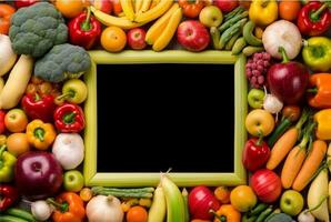topo Visão do esvaziar quadro, Armação no meio fresco legumes e frutas. generativo ai foto