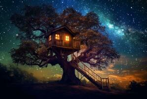 árvore casa com uma lindo Visão do a céu às noite. generativo ai foto