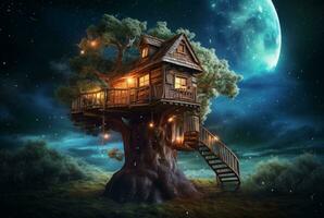 árvore casa com uma lindo Visão do a céu às noite. generativo ai foto