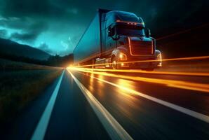 caminhão dirigindo em rodovia às noite, borrado movimento Rapidez carro luzes. ai generativo foto