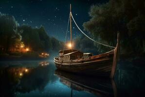 de madeira barco em a rio com a beleza do a noite céu. ai generativo foto