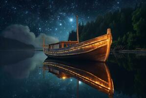 de madeira barco em a rio com a beleza do a noite céu. ai generativo foto