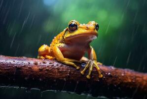 javanese árvore rã sentado em uma ramo com lindo borrado fundo e pingos de chuva. generativo ai foto