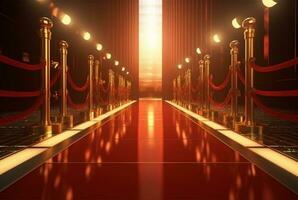 vermelho tapete corredor com barreiras e vermelho cordas para cinema e moda prêmios, uma cerimônia para celebridades pessoas. generativo ai foto