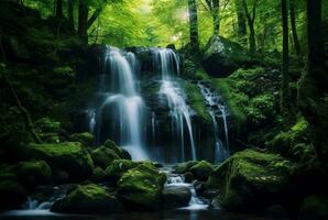 lindo cascata dentro a verde floresta. generativo ai foto