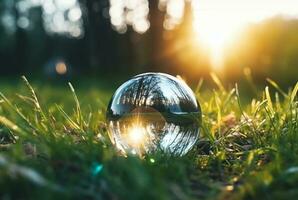 a vidro bola em a verde Relva refletido natureza panorama. generativo ai foto