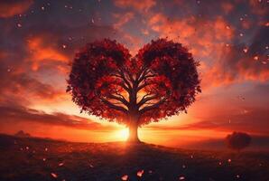 coração em forma árvore com lindo pôr do sol. generativo ai foto