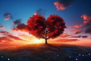 coração em forma árvore com lindo pôr do sol. generativo ai foto