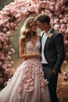 feliz recém-casados se beijando debaixo uma lindo floral arco foto