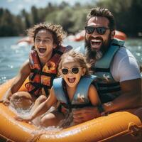 rindo família tendo Diversão enquanto equitação em uma banana barco foto