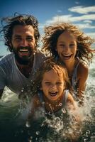 sorridente família jogando dentro a oceano ondas em uma ensolarado dia foto