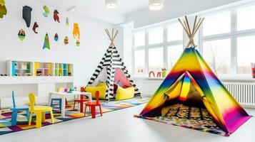 aventureiro refúgio brincalhão e colorida criança sala, generativo ai foto