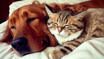 generativo ai, peludo melhor amigos uma gato e cachorro abraçar acima em uma acolhedor cama foto