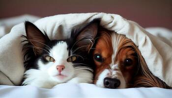 generativo ai, peludo melhor amigos uma gato e cachorro abraçar acima em uma acolhedor cama foto