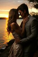 deslumbrante pôr do sol foto do a casal partilha uma apaixonado beijo