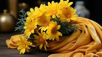 brilhante e alegre amarelo flores dentro uma acolhedor tricotar cachecol foto
