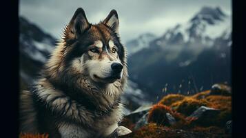 majestoso alaskan malamute dentro coberto de neve floresta, ai generativo foto