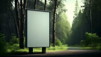 generativo ai, uma em branco Painel publicitário dentro a sereno floresta uma natural publicidade oportunidade para seu produtos foto